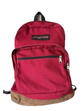 Jansport Right Pack Red Backpack Brown Suede Leather Bottom Schoolbag 17"x12"